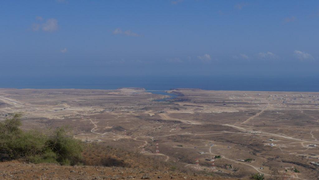 Panorama of Khor Rori estuary with the ruines of Samharam on the top, Salalah East tour, Mountain Safari.